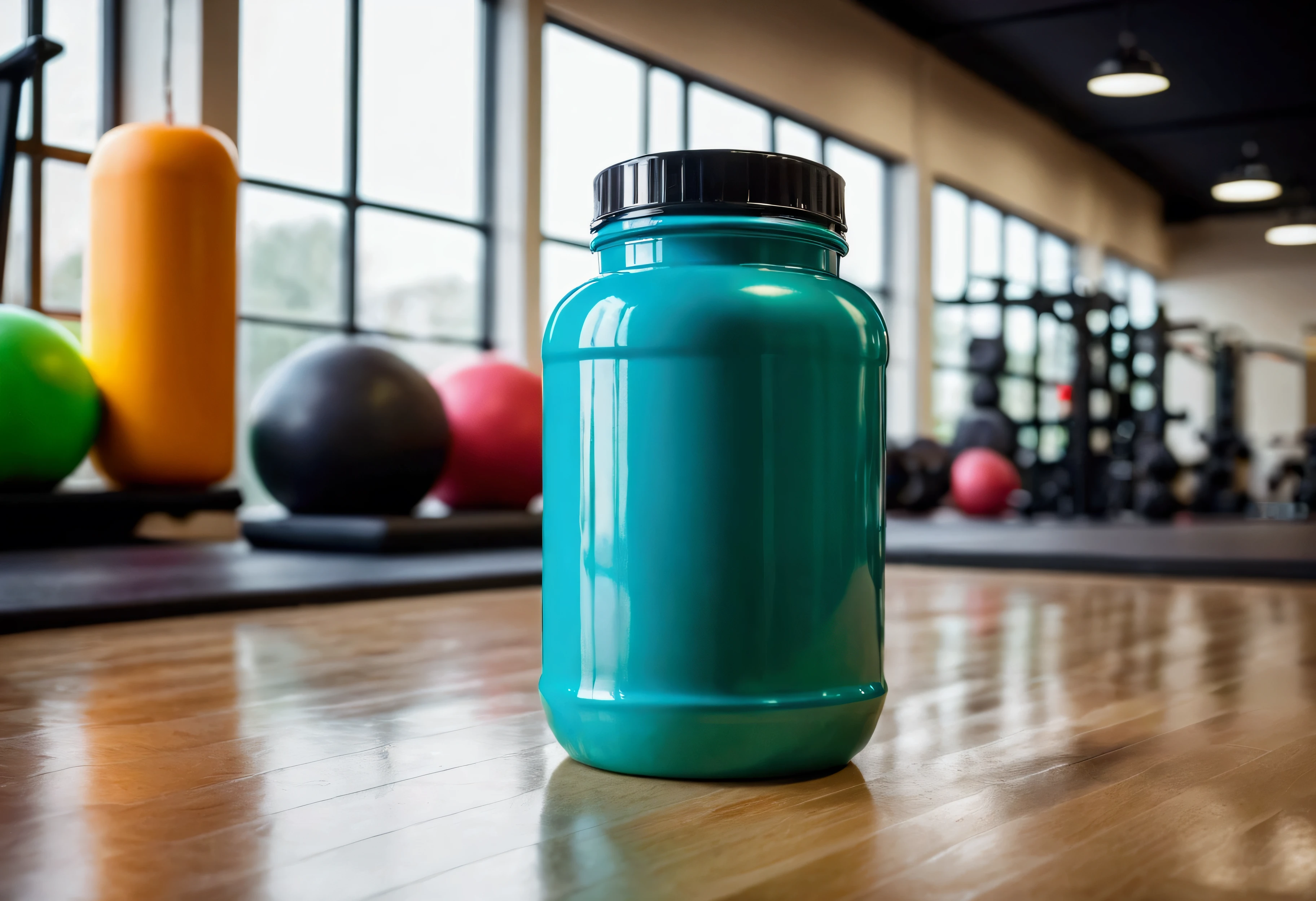 a picture of a protein jar (solid color jar) on the floor, gym in the background like in a commercial, gym out of focus