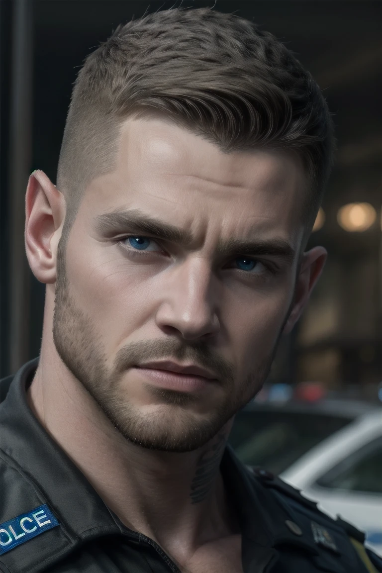 Portrait, photorealistic, best quality, masterpiece, perfect face, perfect eyes, mature muscular hunk, brown undercut hair, tattoos, police uniform, upper body close up shot