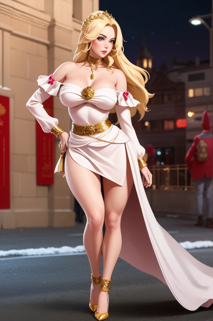 An extremely beautiful stunning woman with a perfect busty body, gold blonde long silky hair, big blue eyes, extremely super bright snow white fair stunning flawless glowing lush shiny flawless white skin, a perfect tight hourglass figure, and a skinny waist, sexy thick smooth luscious legs and thighs, extremely cute smile on the face, bright pink blushes on cheeks, wearing a short tight revealing white floral dress along, a pink sash around the waist and a brown off-shoulder sweater, yellow heels, gold necklace on the neck, gold anklets on feet, gold chain on the waist, standing straight, holding a red roses bouquet, street in the background, show full body from head to feet.