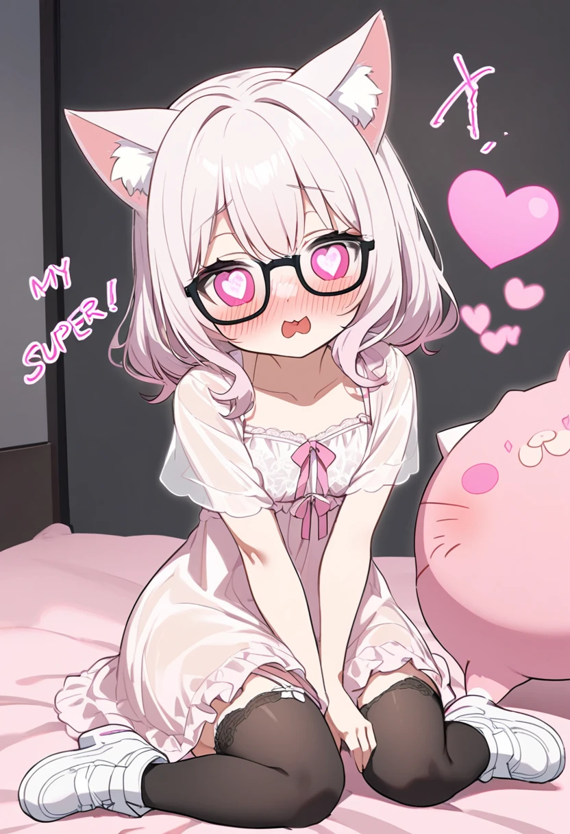 I have white pink hair, cat ears, a bun, my face is super blushing, black glasses, pink heart eyes, a nightgown, lingerie, black stockings, white shoes, a cat's tail, a very shy girl lying on a bed. It's going to be love that they are grabbing her breasts for money