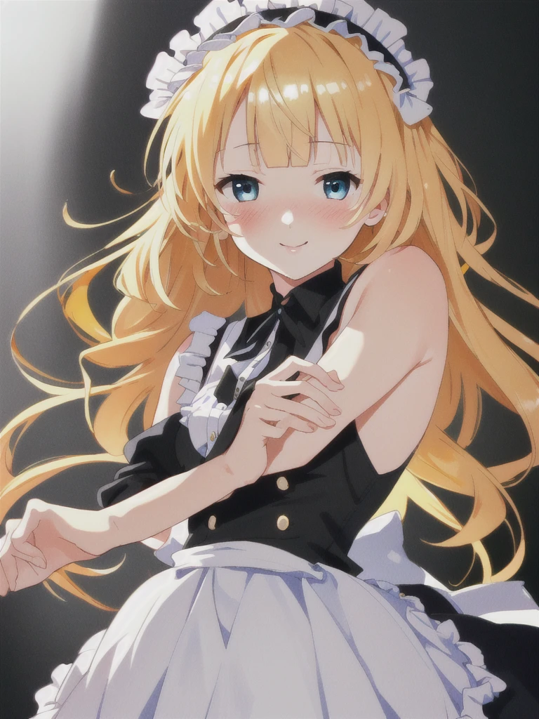 KirimaSharo, KirimaSharo, Gothic Maid:1.5, black and white contrast, (Highest quality:1.2), Ultra-high resolution, (Hard Light:0.5), Sharo Gochiusa, 8k, Absurd, anime, ShaggyHair, bangs, blunt bangs, (Blue eyes:1.1), Blonde, smile, break looking at viewer, (Cowboy Shot:1.5), break (masterpiece:1.2), unity 8k wallpaper, (figure:0.8), (Beautiful attention to detail:1.6), Highly detailed face, Perfect lighting, Highly detailed CG, (Perfect hands, Perfect Anatomy), (3D Face:1.1), (Shiny skin:1.5), (Ultra-high resolution intricate face details), (Facial skin pores:1.3), Ultra-high resolution cloth texture, 大きなsmile, Blushing, Open your mouth, Showing off her perfect legs, armpit:1.6, arms behind back, One girl, alone, Gothic Maid:1.5, Akiba maid caffe, (8k, RAW photo, best quality, masterpiece:1.2), (realistic, photo-realistic:1.4), (extremely detailed 8k wallpaper), black and white contrast