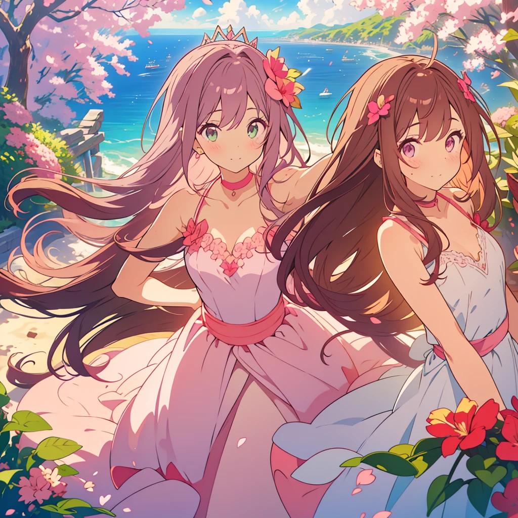 kawaii, anime, Cute, hyper quality, highly detailed, 8k, Clarity, dark brown long hair, pink bougainvillea, green eyes, droopy pink bougainvillea flower garden, bougainvillea, Ocean View, beach, pink wedding dress, light shines in, pink bougainvillea flowers, pink bougainvillea bouquet, dignity, platinum tiara, pink wedding dress, highlight on eyes, Looking back, Pose with movement, whole body, Uplifting, Inciting point of view, special perspective, dignified expression, smile dignifiedly, close up of face, Draw facial expressions in detail, the dress is fluttering, dignified stance, petals dance, 	
