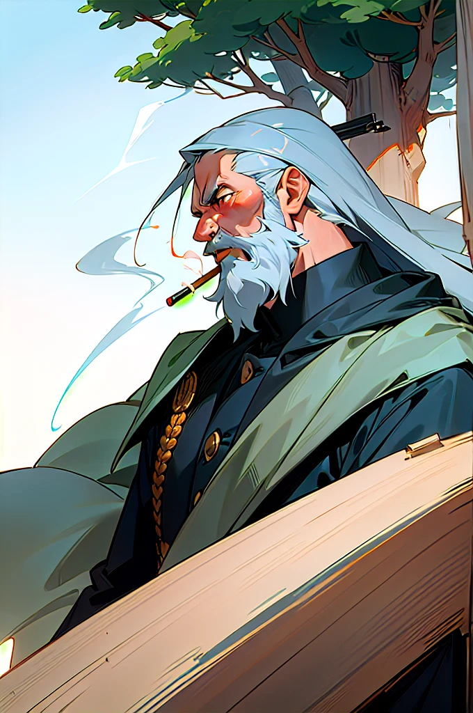 A white ex-military man in his 40s。Gray Hair。Brown cape。The background is a forest。There is a big rock。Smoking a cigarette。There is a sword nearby。solo, Overlooking, Close your mouth, beard, Frowning,