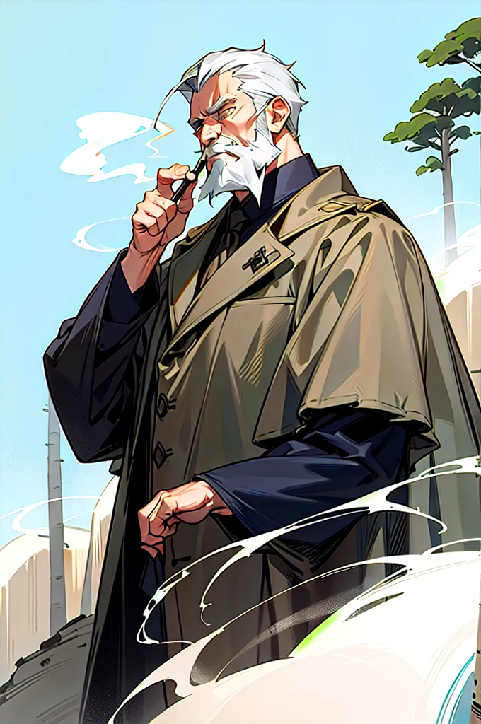 A white ex-military man in his 40s。Gray Hair。Brown cape。The background is a forest。There is a big rock。Smoking a cigarette。There is a sword nearby。solo, Overlooking, Close your mouth, beard, Frowning,