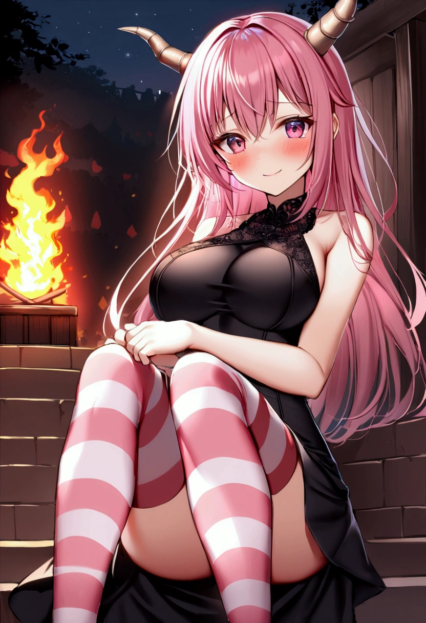 1girl with long pink hair, violet red eyes, two small horns on head, short black dress, big breasts, pink and white striped stockings, stand, night, village ki5chen, shy smile, fire near hands