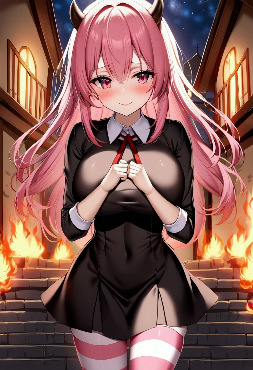 1girl with long pink hair, violet red eyes, two small horns on head, short black dress, big breasts, pink and white striped stockings, stand, night, village ki5chen, shy smile, fire near hands