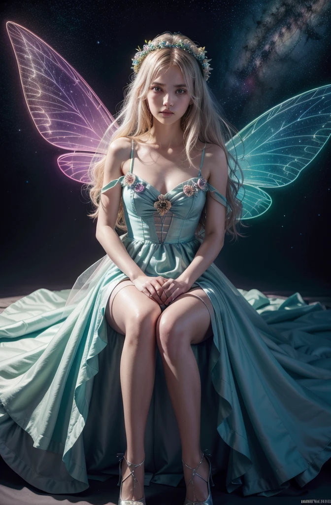 Color photo of a mysterious flower fairy with transparent colorful wings, sit in the light of god, With neon lights, Have a magic wand,Axisymmetric, And a great background.Silver Dress, High heels, Flower Crown, Starry sky background, A gentle yet mysterious expression, Nikon Z7 II Camera, Fujifilm Velvia 50 Film, 50mm lens, High saturation, Tim Walker, David LaChapelle, Sofia Coppola, Valentino, Alexander McQueen