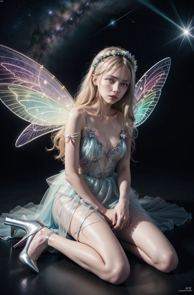 Color photo of a mysterious flower fairy with transparent colorful wings, sit in the light of god, With neon lights, Have a magic wand,Axisymmetric, And a great background.Silver Dress, High heels, Flower Crown, Starry sky background, A gentle yet mysterious expression, Nikon Z7 II Camera, Fujifilm Velvia 50 Film, 50mm lens, High saturation, Tim Walker, David LaChapelle, Sofia Coppola, Valentino, Alexander McQueen