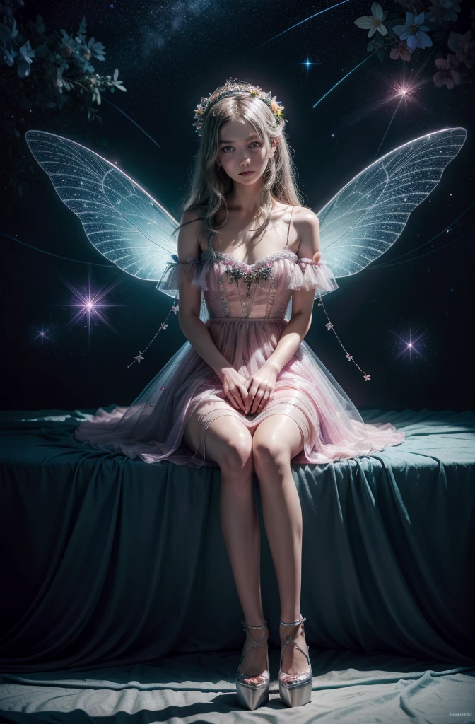 Color photo of a mysterious flower fairy with transparent colorful wings, sit in the light of god, With neon lights, Have a magic wand，Axisymmetric, And a great background.Silver Dress, High heels, Flower Crown, Starry sky background, A gentle yet mysterious expression, Nikon Z7 II Camera, Fujifilm Velvia 50 Film, 50mm lens, High saturation, Tim Walker, David LaChapelle, Sofia Coppola, Valentino, Alexander McQueen