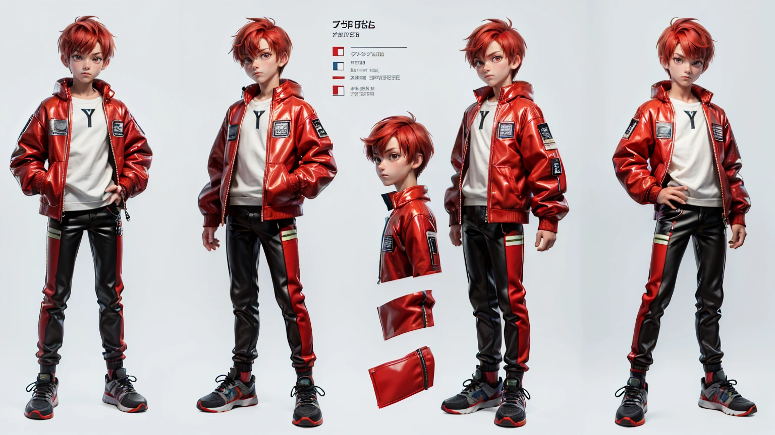 cute face boy, cute face, short height boy, wearing casual futuristic light yellow pent, full standing pose, red straight style hairs, red hair, sports shoes, Character Sheet, 12 yo student, Full body, Simple white background, front pose character reference sheet, Concept art, design sheet