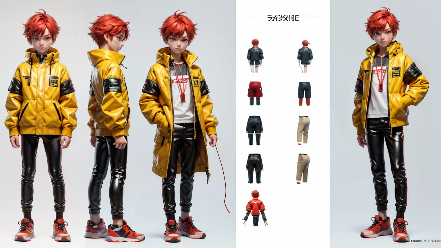 cute face boy, cute face, short height boy, wearing casual futuristic light yellow pent, full standing pose, red straight style hairs, red hair, sports shoes, Character Sheet, , Full body, Simple white background, front pose character reference sheet, Concept art, design sheet