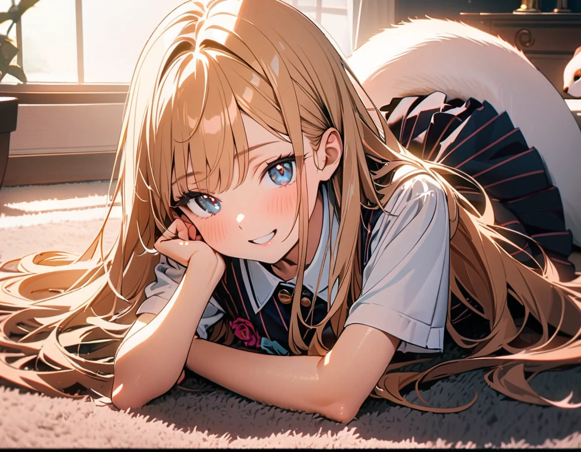 (8K, best quality, master piece: 1.2),super high resolution,1 girl,solo,,Lying on the carpet,head rest,ultra-detailed face,detailed eyes,Rose gold hair,long hair,straight hair,Short sleeve Anemone pattern Colorful layered dress,happy,Rose gold hair,seductive smile,(cute ferret),rim light,1 flowerpot of Dracaena,Sophisticated room