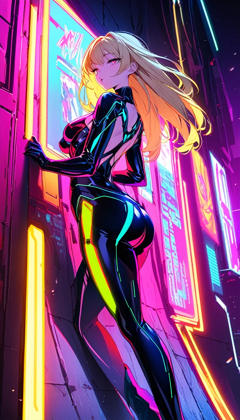 Create a side view, full-body illustration of a seductive blonde anime girl leaning against a wall with her back straight in a provocative pose. She should be wearing tight, futuristic clothes that emphasize her curves, with high-tech fabrics and accessories. Use vibrant neon colors for her outfit and the background to create a lively and energetic atmosphere. The background should feature a cyberpunk cityscape with neon lights. Ensure the image is in a resolution suitable for an iPhone 11 wallpaper capturing the futuristic and seductive theme effectively