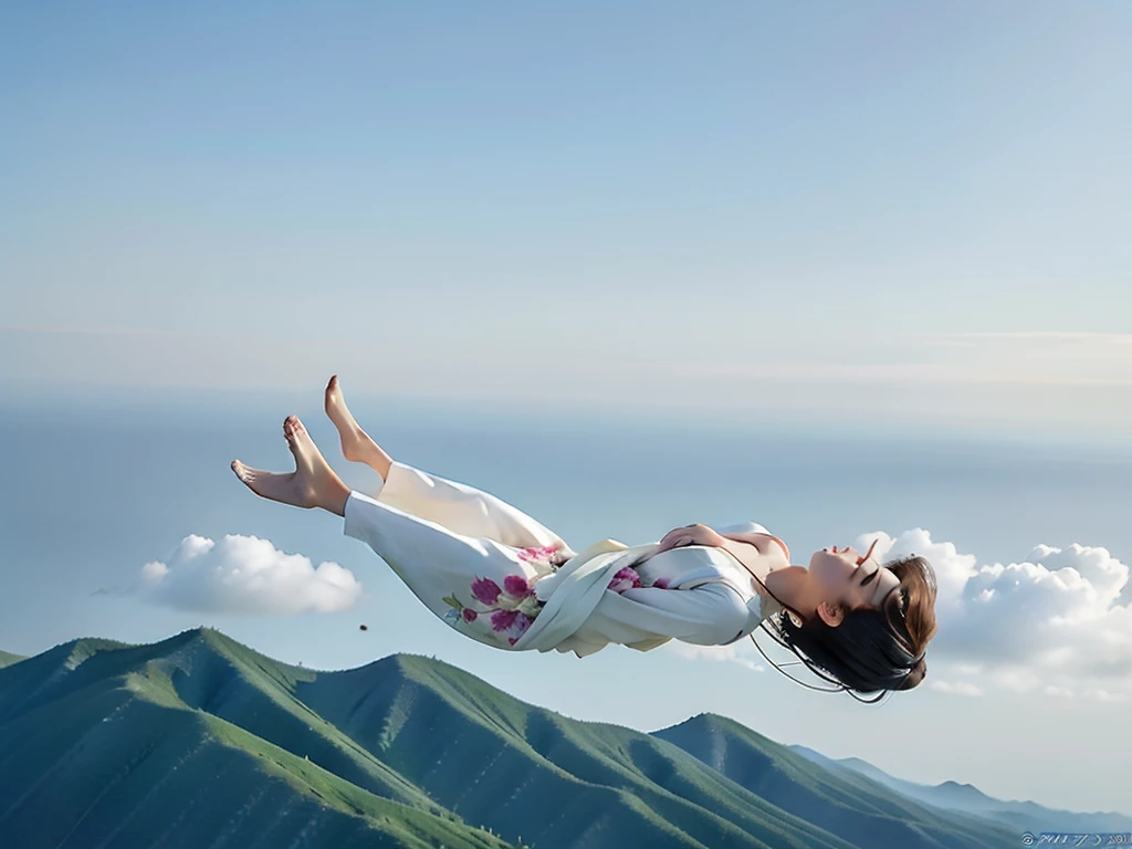 Fantastic sky 100m above,A woman flying in the sky like a bird Kimono Pose The correct way to wear Japanese clothing,Long Hair,Swim in the sky,Lying down and playing