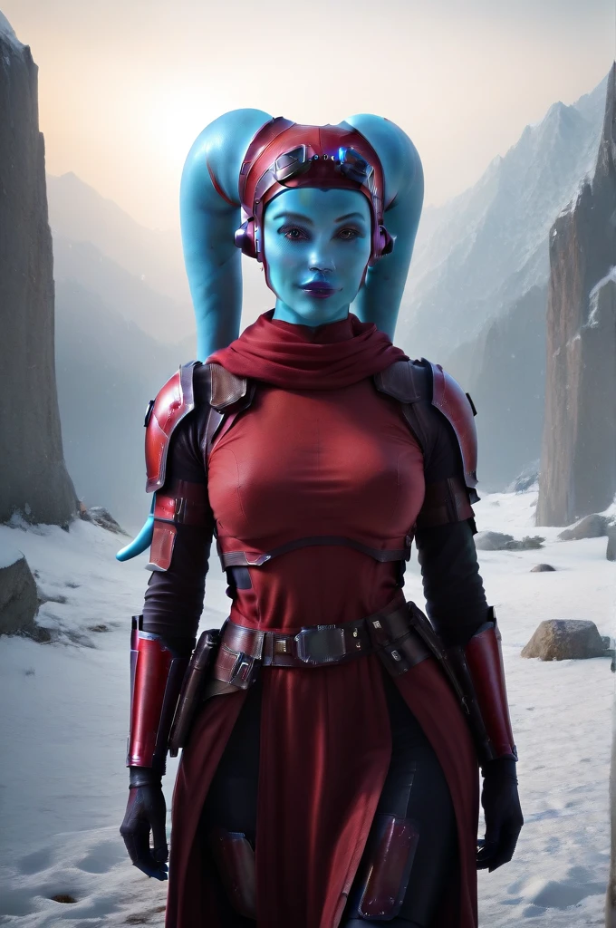 a ((fall body)) hera syndulla
 ((female twi'lek ))mandalorian,walking on snow fire, beautiful detailed eyes, beautiful detailed lips, extremely detailed face, long eyelashes, mandalorian armor, sci-fi, cinematic lighting, dramatic, epic, intricate details, hyper-realistic, 8k, high-quality, photorealistic
