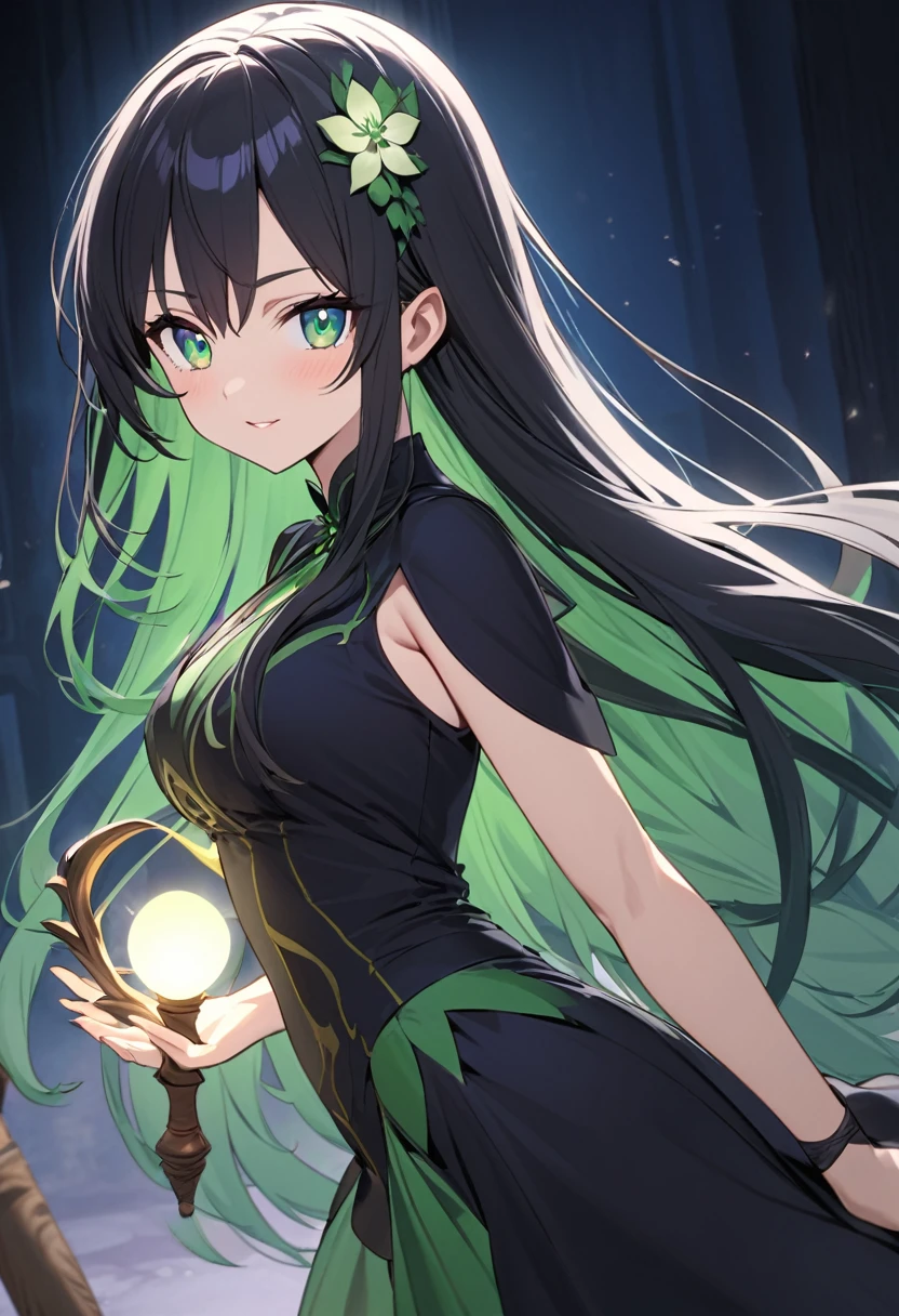 Face: Rena has a heart-shaped face that is gentle and cute. Her eyes were emerald green.
Rena's hair is dark black and extends down to the middle of her back. She often lets her long hair down freely.
Physique: Rena has a slender and elegant figure. She is approximately 165 centimeters tall and has a calm and steady demeanor. She gained strength from practicing magic and fighting.
Dress: Rena often wears outfits that reflect her mage-like nature. Her outfits are usually made from light, easy-to-move fabrics, in dark colors such as purple, black, or dark blue. Her outfits are designed to be simple yet elegant and movement-friendly.
Equipment: Rena often carries a wooden magic wand that bears the symbol of the magical power she wields. This symbol looks like a flower that lights up at night.