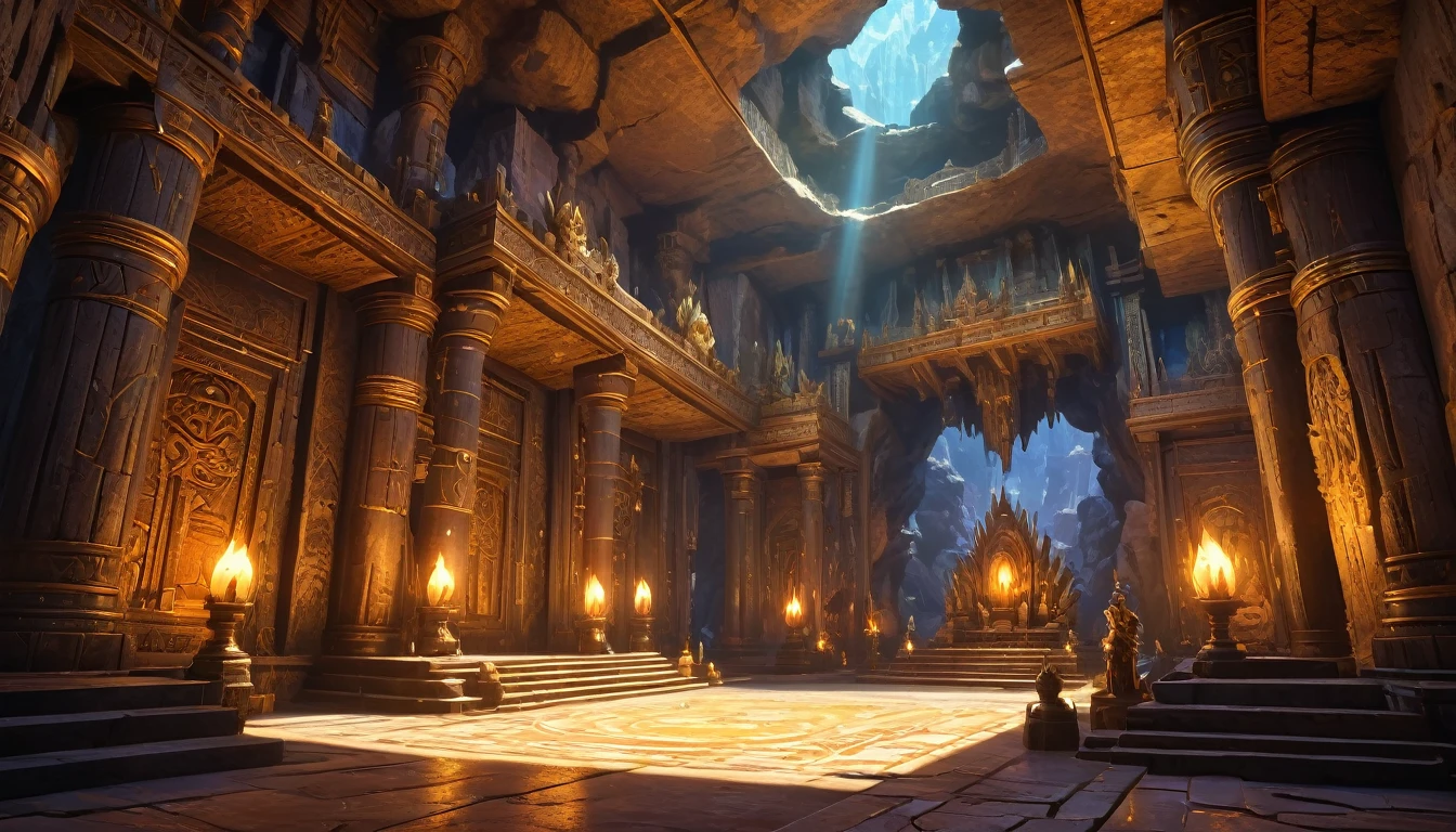 (anime, fantasy, throne hall), (extremely detailed CG unity 8k wallpaper, masterpiece, best quality, ultra-detailed, depth of filed, HDR:1.2, high FXAA), beautiful, golden ratio, vibrant colors, mysterious atmosphere, A room inside a cave with a throne, goblin cave, totem, tribal, skull everywhere, general shot, dimmed light