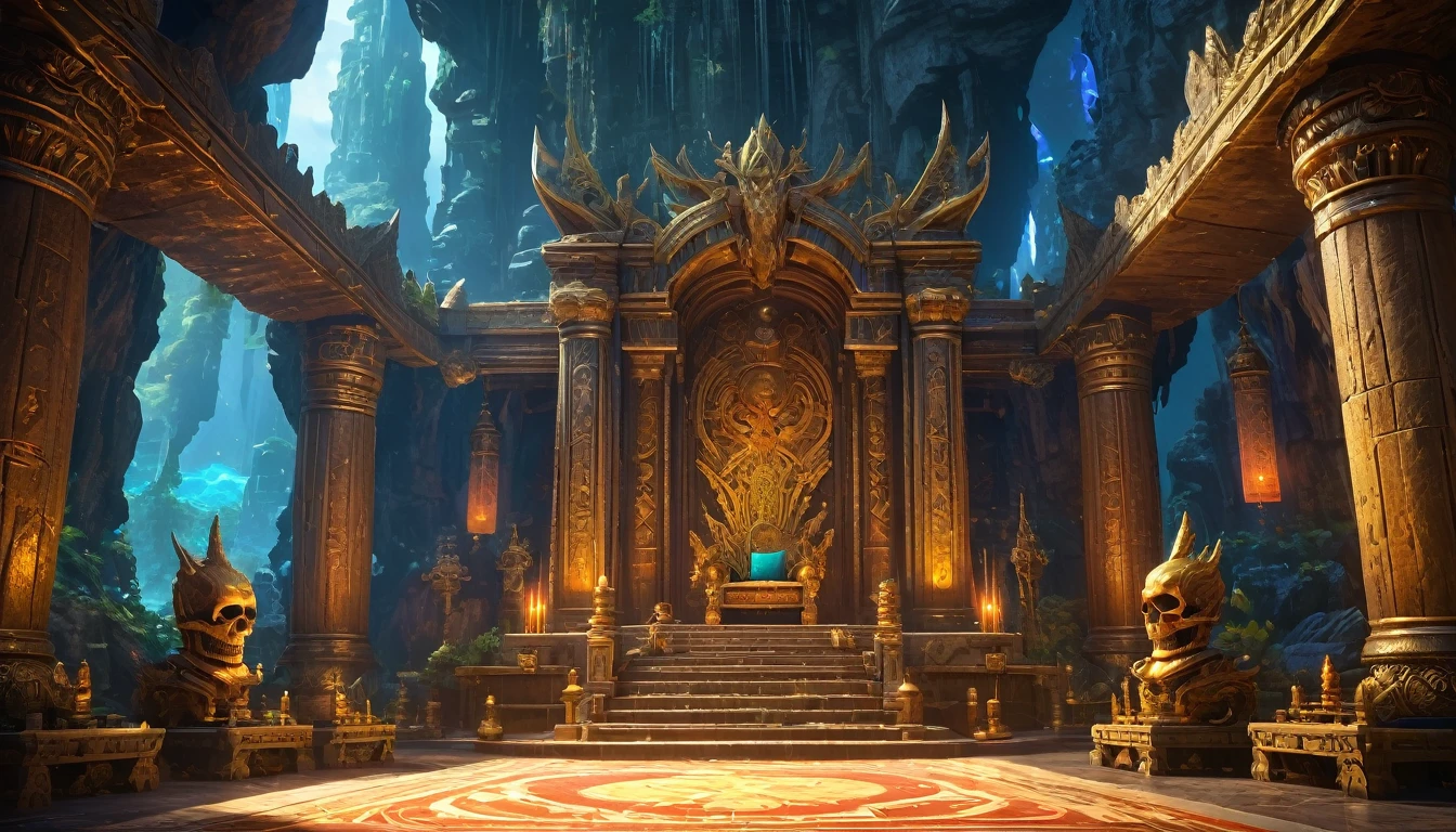 (anime, fantasy, throne hall), (extremely detailed CG unity 8k wallpaper, masterpiece, best quality, ultra-detailed, depth of filed, HDR:1.2, high FXAA), beautiful, golden ratio, vibrant colors, mysterious atmosphere, A room inside a cave with a throne, goblin cave, totem, tribal, skull everywhere, general shot, dimmed light