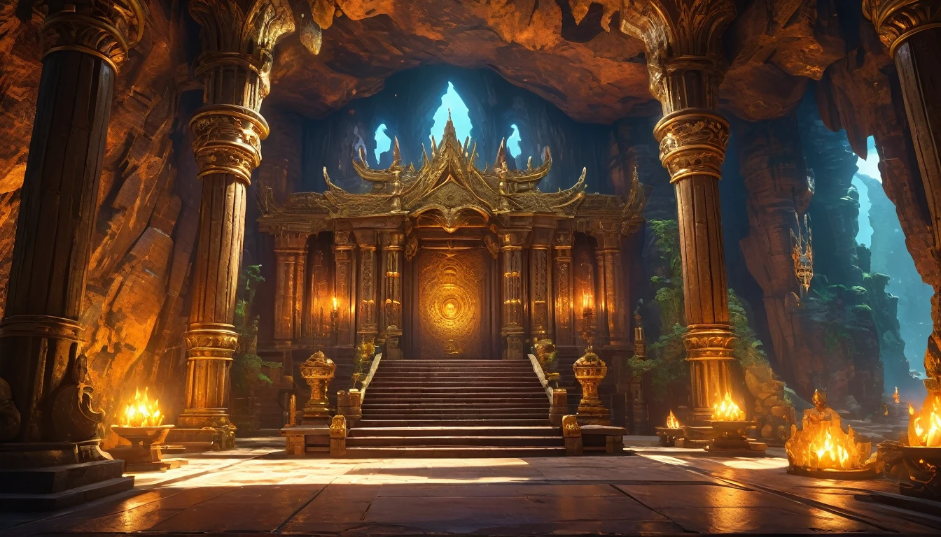 (anime, fantasy, throne hall), (extremely detailed CG unity 8k wallpaper, masterpiece, best quality, ultra-detailed, depth of filed, HDR:1.2, high FXAA), beautiful, golden ratio, vibrant colors, mysterious atmosphere, A room inside a cave with a throne, goblin cave, totem, tribal, skull everywhere, general shot, dimmed light