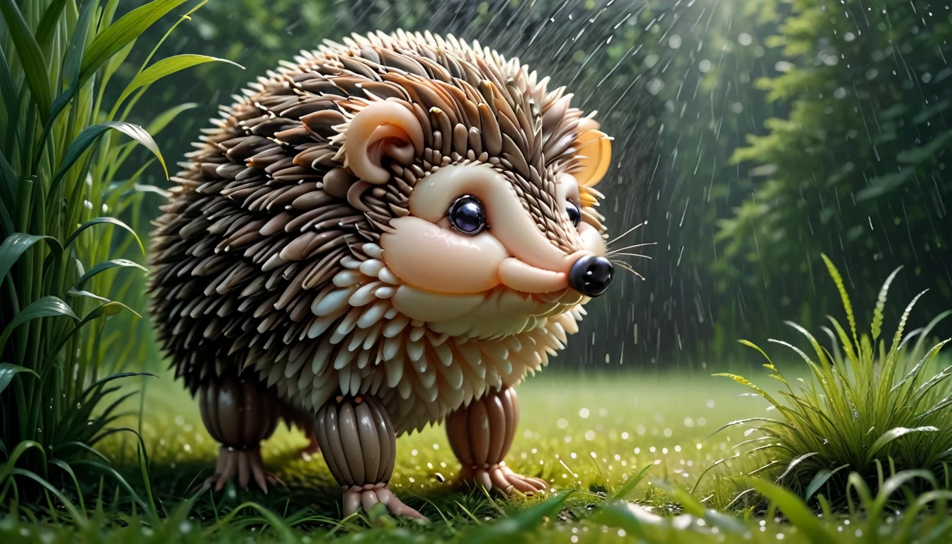 balloonz, balloons, made out of balloons, hedgehog, standing hedgehog,, rainy day, in high grass, diffuse light