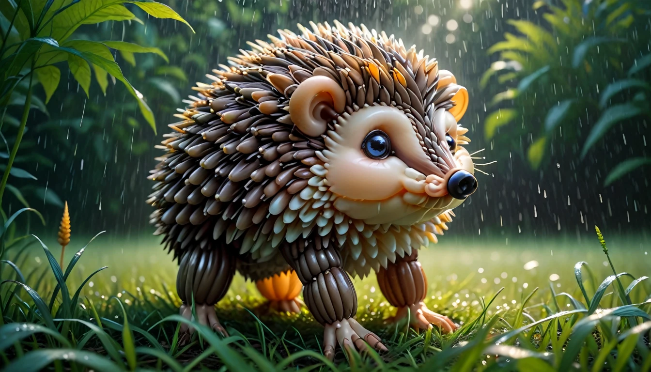 balloonz, balloons, made out of balloons, hedgehog, standing hedgehog,, rainy day, in high grass, diffuse light 