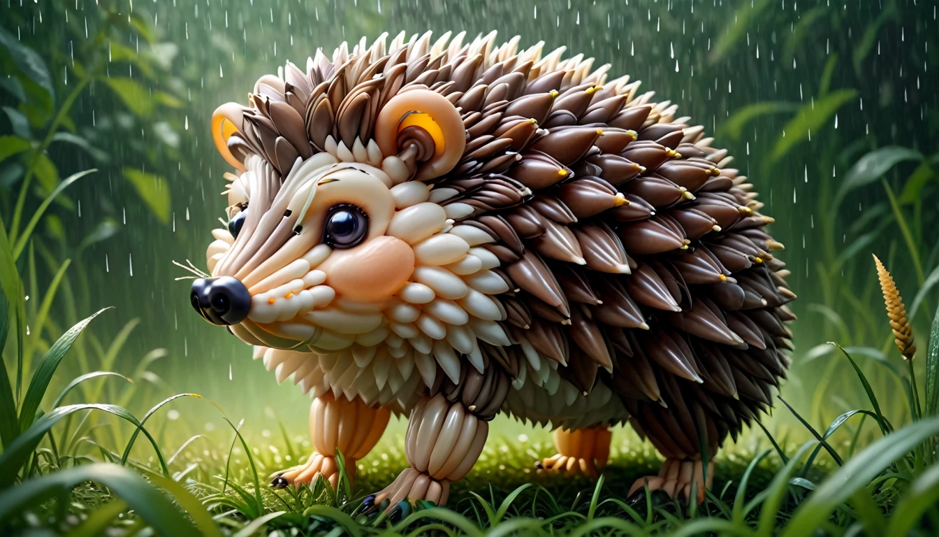 balloonz, balloons, made out of balloons, hedgehog, standing hedgehog,, rainy day, in high grass, diffuse light