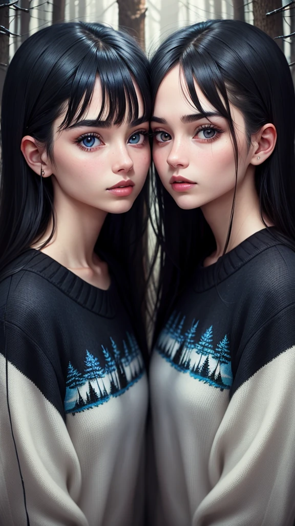 Twins ,black eyes black hair ,with blue sweater , in a dark forest 
