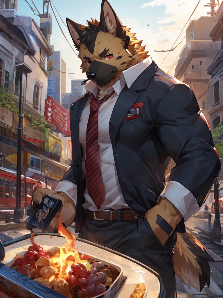embedding:German Shepherd Dog, male,red eyes,Single person,The side,In the carriage,Look outside,Outside the train is the city.Headset,,Black jacket,The game CG,Illustration,On the train,The highest quality of scene detail,adult,Tall and powerful,muscle,Best quality hands, best quality eye,detailed fur,Delicate eyes.Extreme picture quality,by sollyz,by zixiong,by milkytiger1145