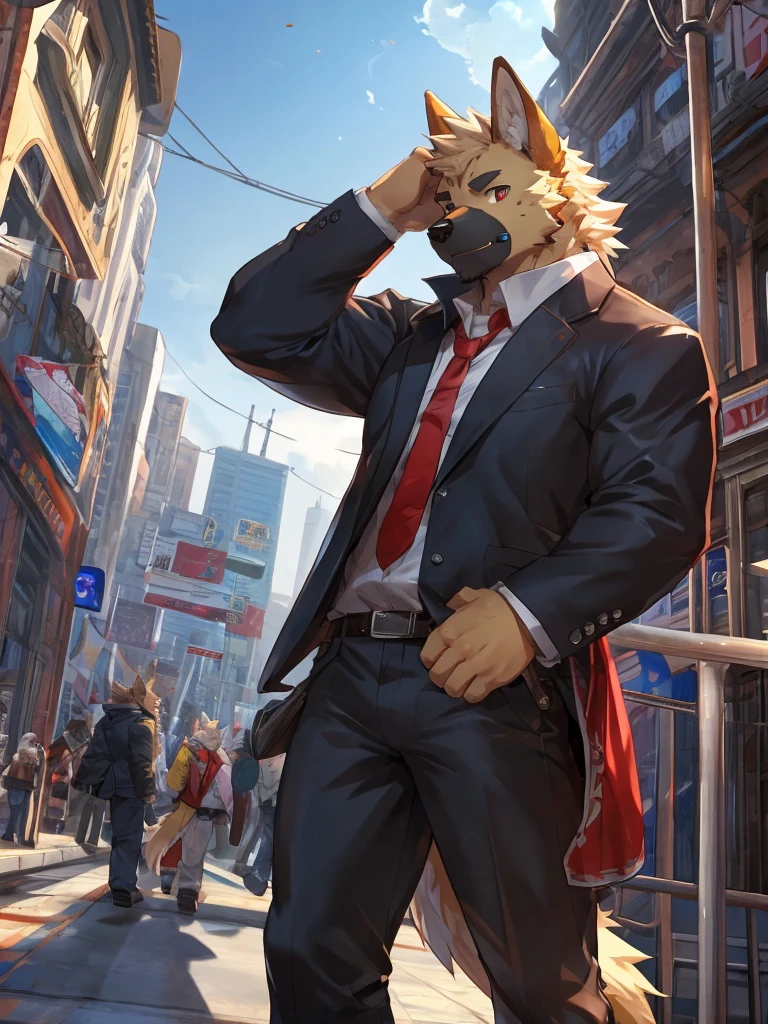 embedding:German Shepherd Dog, male,red eyes,Single person,The side,In the carriage,Look outside,Outside the train is the city.Headset,,Black jacket,The game CG,Illustration,On the train,The highest quality of scene detail,adult,Tall and powerful,muscle,Best quality hands, best quality eye,detailed fur,Delicate eyes.Extreme picture quality,by sollyz,by zixiong,by milkytiger1145