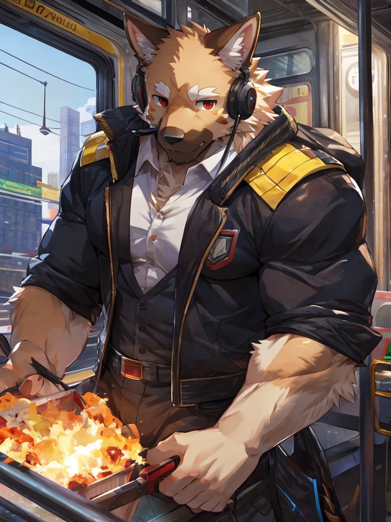 embedding:German Shepherd Dog, male,red eyes,Single person,The side,In the carriage,Look outside,Outside the train is the city.Headset,,Black jacket,The game CG,Illustration,On the train,The highest quality of scene detail,adult,Tall and powerful,muscle，Best quality hands, best quality eye，detailed fur，Delicate eyes.Extreme picture quality，by sollyz,by zixiong,by milkytiger1145