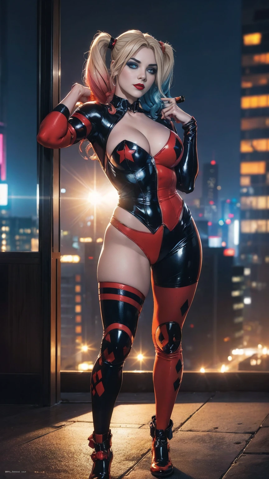 ((full-length portrait, standing, feet on the floor)) straight, looking at viewer, BREAK, cartoon_Harley Quinn, lipstick, original outfit, blue eyes, makeup, lips, red lips, Bodysuit, cleavage, heroine pose, bright, centered art, BREAK, official arts, extremely detailed CG unit wallpaper 8k, full body, looking at viewer, perfect lighting, colorful, bright facial lighting, glowing skin, standing, (masterpiece: 1.0), (best quality: 1.0), extra high resolution, 4k, ultra-detailed, photographic, 8K, HDR, high resolution, down to earth, (nonsense: 1.2), Kodak Portra 400, film grain, blurred background, ( bokeh: 1.2), lens flare, (Vibrants_Color: 1.2), professional photo of a, (pretty face: 1.5) night city background, skyscraper on the roof, exposed skin,