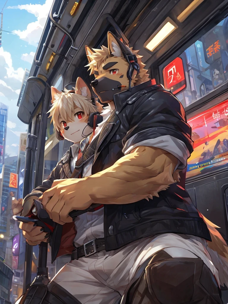 embedding:German Shepherd Dog, male,red eyes,Single person,The side,In the carriage,Look outside,Outside the train is the city.Headset,,Black jacket,The game CG,Illustration,On the train,The highest quality of scene detail,adult,Tall and powerful,muscle,Best quality hands, best quality eye,detailed fur,Delicate eyes.Extreme picture quality,by sollyz,by zixiong,by milkytiger1145