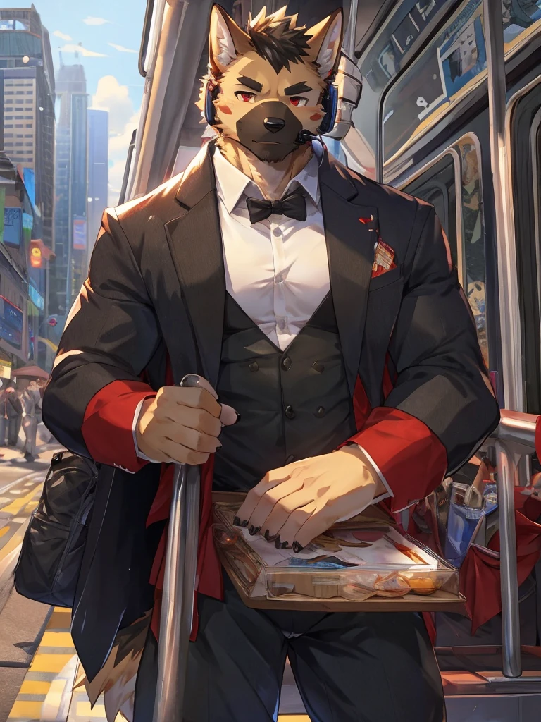 embedding:German Shepherd Dog, male,red eyes,Single person,The side,In the carriage,Look outside,Outside the train is the city.Headset,,Black jacket,The game CG,Illustration,On the train,The highest quality of scene detail,adult,Tall and powerful,muscle,Best quality hands, best quality eye,detailed fur,Delicate eyes.Extreme picture quality,by sollyz,by zixiong,by milkytiger1145