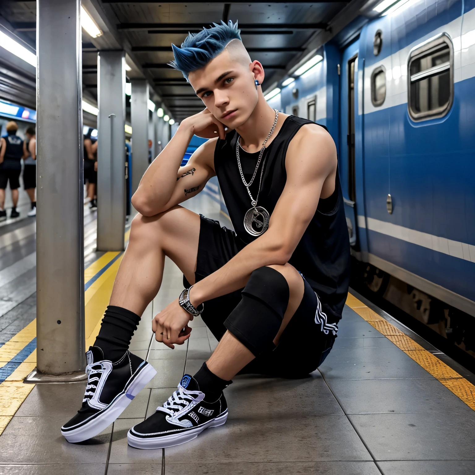 full view full body, 18yo thin teen white european boy with cobalt-blue mohawk strip in the middle of his head, wearing black sleeveless t-shirt, black shorts, black long socks highly pulled up, black Vans platform oldschool shoes, silver rings, necklaces, bracelets, waiting for a train in the Subway