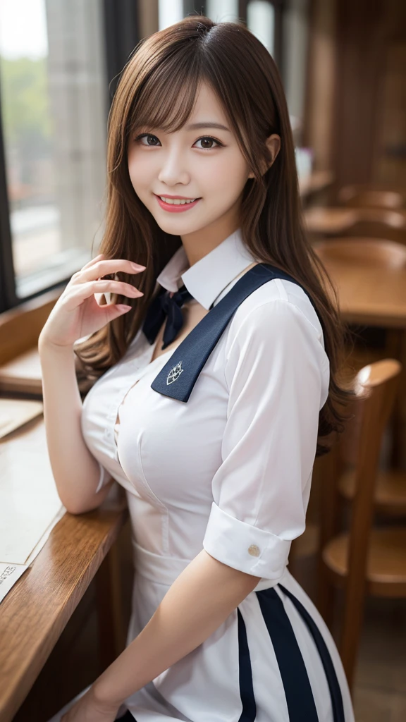Tabletop, Highest quality, shape, Very detailed, In detail, High resolution, 8k wallpaper, Perfect dynamic composition, Beautiful details, White Magic Academy Uniform, Natural Lip, Big Breasts, Exposing the breasts,Asymmetrical Wave Hairstyle, smile