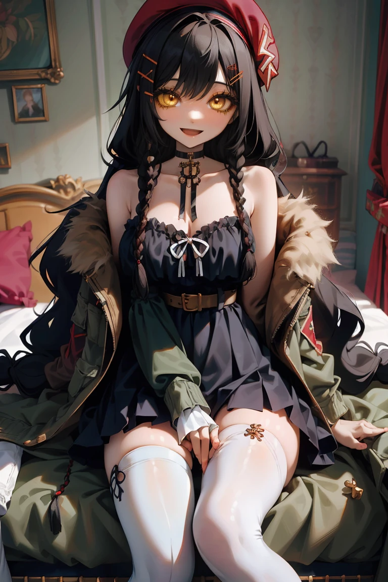 (masterpiece:1.2), (high quality:1.2), girls with((1girl, solo, black hair, yellow eyes, smiling, (wavy long hair, wearing a red beret, hairclips, braids:1.45), bare shoulder, blush, breasts, choker, cleavage, coat, cowboy shot, long dress, blue lace dress, camisole, ribbon waist belt, black ribbon belt, red bow, red ribbon, neck ribbon, collar, collarbone, rosary, rosary choker, cross, fur, fur trim, parka, khaki hoodie, green hoodie, khaki jacket, hood down, hooded coat, hooded jacket, hoodie, jacket, large breasts, long sleeves, medium breasts, open clothes, open coat,open hoodie, sleeveless, winter clothes, zipper, cleavage, upper body, hand up, waving, palm, (white thighhighs, single thighhigh, exposed legs, exposed foots, left thighhigh:1.57), solo, legs, high heels, sittings)), background with((bedroom, room:2.0))