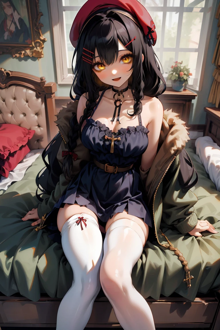 (masterpiece:1.2), (high quality:1.2), girls with((1girl, solo, black hair, yellow eyes, smiling, (wavy long hair, wearing a red beret, hairclips, braids:1.45), bare shoulder, blush, breasts, choker, cleavage, coat, cowboy shot, long dress, blue lace dress, camisole, ribbon waist belt, black ribbon belt, red bow, red ribbon, neck ribbon, collar, collarbone, rosary, rosary choker, cross, fur, fur trim, parka, khaki hoodie, green hoodie, khaki jacket, hood down, hooded coat, hooded jacket, hoodie, jacket, large breasts, long sleeves, medium breasts, open clothes, open coat,open hoodie, sleeveless, winter clothes, zipper, cleavage, upper body, hand up, waving, palm, (white thighhighs, single thighhigh, exposed legs, exposed foots, left thighhigh:1.57), solo, legs, high heels, sittings)), background with((bedroom, room:2.0))