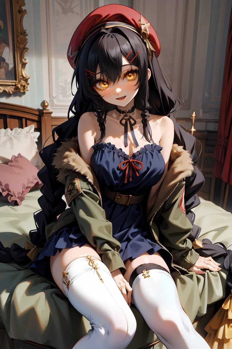 (masterpiece:1.2), (high quality:1.2), girls with((1girl, solo, black hair, yellow eyes, smiling, (wavy long hair, wearing a red beret, hairclips, braids:1.45), bare shoulder, blush, breasts, choker, cleavage, coat, cowboy shot, long dress, blue lace dress, camisole, ribbon waist belt, black ribbon belt, red bow, red ribbon, neck ribbon, collar, collarbone, rosary, rosary choker, cross, fur, fur trim, parka, khaki hoodie, green hoodie, khaki jacket, hood down, hooded coat, hooded jacket, hoodie, jacket, large breasts, long sleeves, medium breasts, open clothes, open coat,open hoodie, sleeveless, winter clothes, zipper, cleavage, upper body, hand up, waving, palm, (white thighhighs, single thighhigh, exposed legs, exposed foots, left thighhigh:1.57), solo, legs, high heels, sittings)), background with((bedroom, room:2.0))