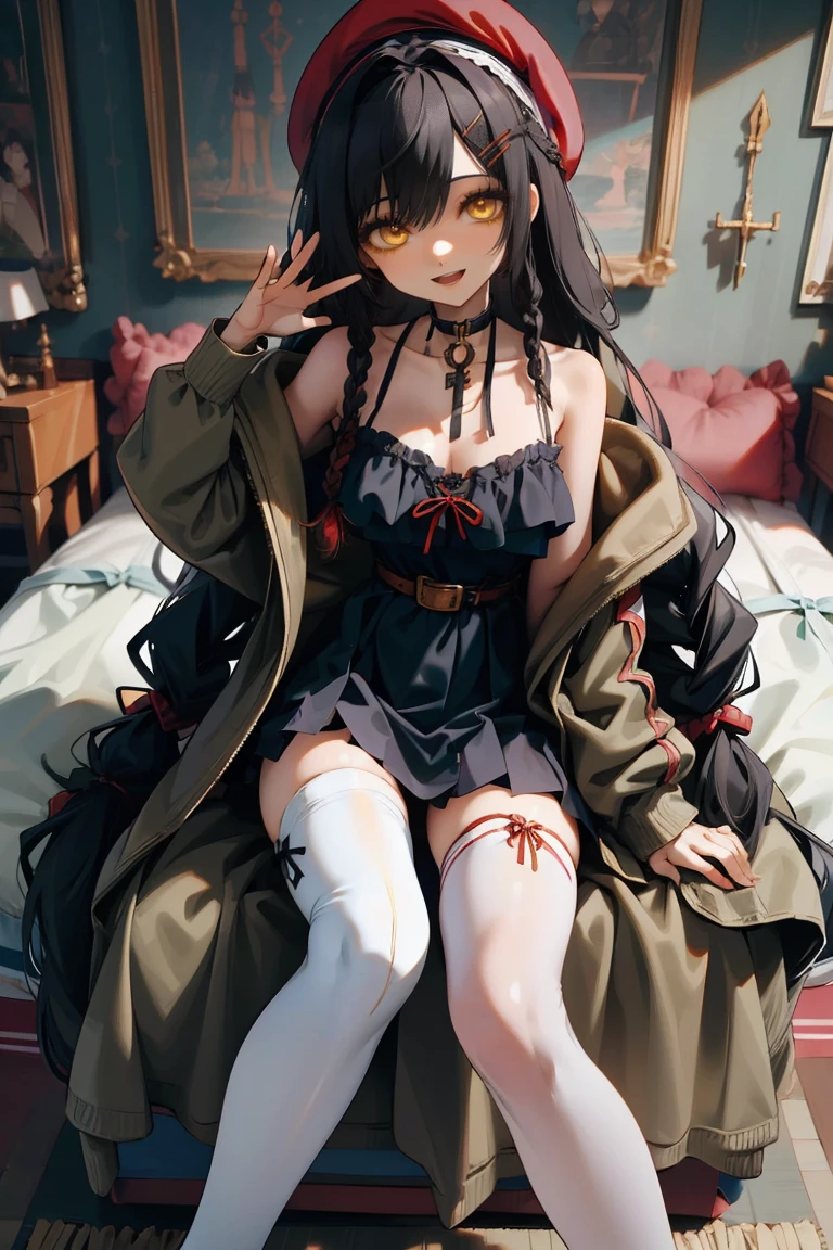 (masterpiece:1.2), (high quality:1.2), girls with((1girl, solo, black hair, yellow eyes, smiling, (wavy long hair, wearing a red beret, hairclips, braids:1.45), bare shoulder, blush, breasts, choker, cleavage, coat, cowboy shot, long dress, blue lace dress, camisole, ribbon waist belt, black ribbon belt, red bow, red ribbon, neck ribbon, collar, collarbone, rosary, rosary choker, cross, fur, fur trim, parka, khaki hoodie, green hoodie, khaki jacket, hood down, hooded coat, hooded jacket, hoodie, jacket, large breasts, long sleeves, medium breasts, open clothes, open coat,open hoodie, sleeveless, winter clothes, zipper, cleavage, upper body, hand up, waving, palm, (white thighhighs, single thighhigh, exposed legs, exposed foots, left thighhigh:1.57), solo, legs, high heels, sittings)), background with((bedroom, room:2.0))