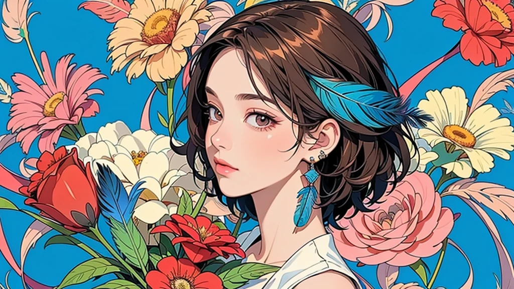 (ultra-Detailed Background, Detailed Background), Absurd, High resolution, Super detailed, Very detailedな, One girl, (bouquet:1.3), (Tangled:1.2), (Geometric:1.2),(colorful),(masterpiece, quality, best quality, Official Art, Beautiful and beautiful:1.2), (1 girl:1.3), Very detailed,(colorful:1.1)(Flowers:1.3),Most detailed,(Tangled:1.2), whole body, (Abstract background:1.3), (Skin glows), (Many colors:1.4), ,(Earrings Feather:1.5), Red and blue background, Brown short hair,