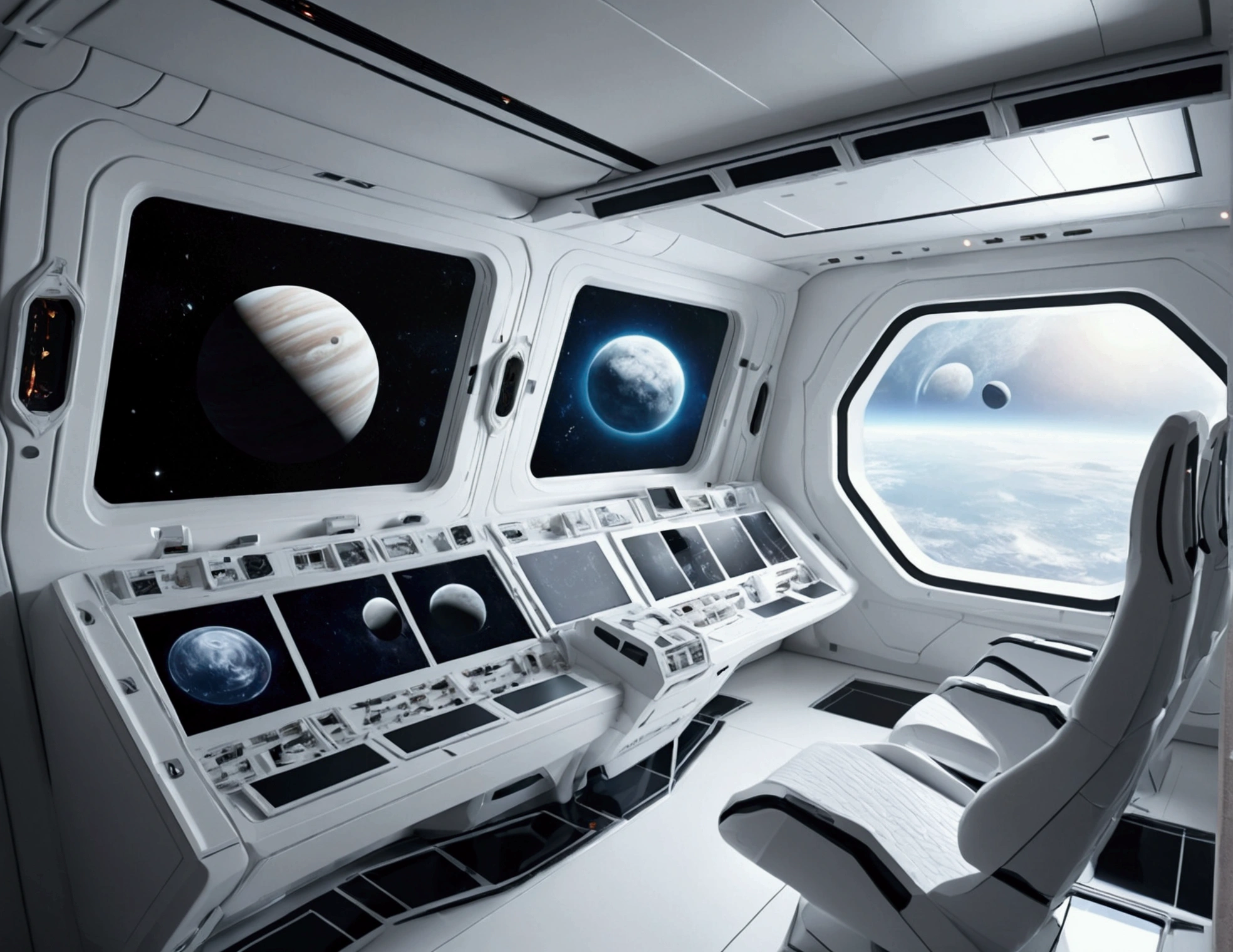 White，spacecraft exterior. through the window, You can see the scenery of alien planets, The entire space is filled with work consoles with electronic devices and screens, Full HD