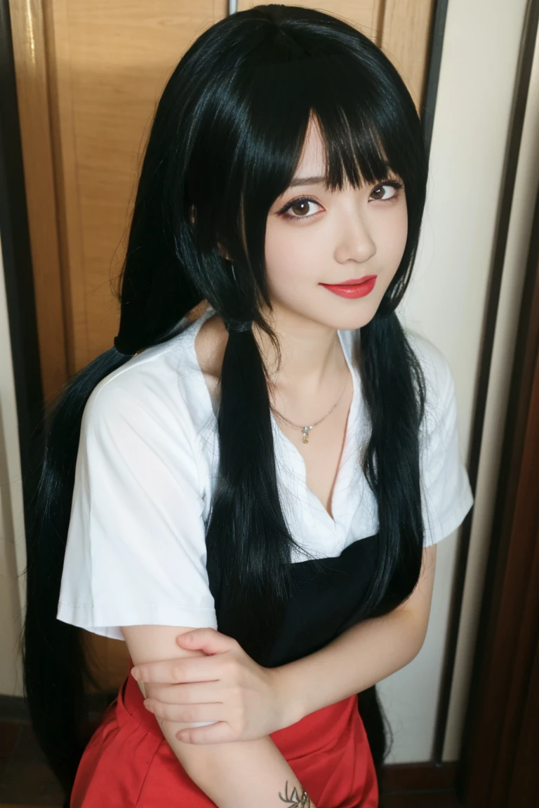 ulzzang-6500-v1.1,(raw photo:1.2),((photorealistic:1.30)), ((best quality)) ,((masterpiece)),((Ultra High Resolution)), ((Clear View)),,Ultra-high resolution,Clear face,（Reality：1.4) ,  illustration, an extremely delicate and beautiful, extremely detailed ,CG ,unity ,8k wallpaper, Amazing, finely detail, masterpiece,best quality,official art,extremely detailed CG unity 8k wallpaper,absurdres, incredibly absurdres, huge filesize, ultra-detailed, highres, extremely detailed,beautiful detailed girl, extremely detailed eyes and face, beautiful detailed eyes,light on face,cinematic lighting,1girl, 独奏, long hair, (twintails:1.5),brown hair,One eye is covered by hair,bare shoulders, jewelry, collarbone, earrings,smile, necklace, apron, apron, (full body), standing, (Tattoos), (Tattoos on the body), (super Giant breasts:1.3), (shagging breasts), (From the front:1.3), smile,