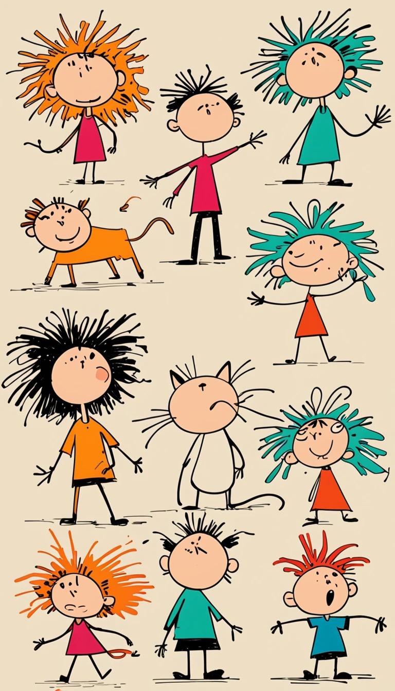 (((Exaggerated digital character sketches:1.37,Matchstick Men))).(1 huge cat:1.,(Exaggerated expression,Exaggerated hairstyle),Messy hair),(Black sketch lines,Loose brushstrokes create the outline,Cartoon Style. Bright colors and simplified lines, sketch)。(Exaggerated body movements),(Large area of blank)