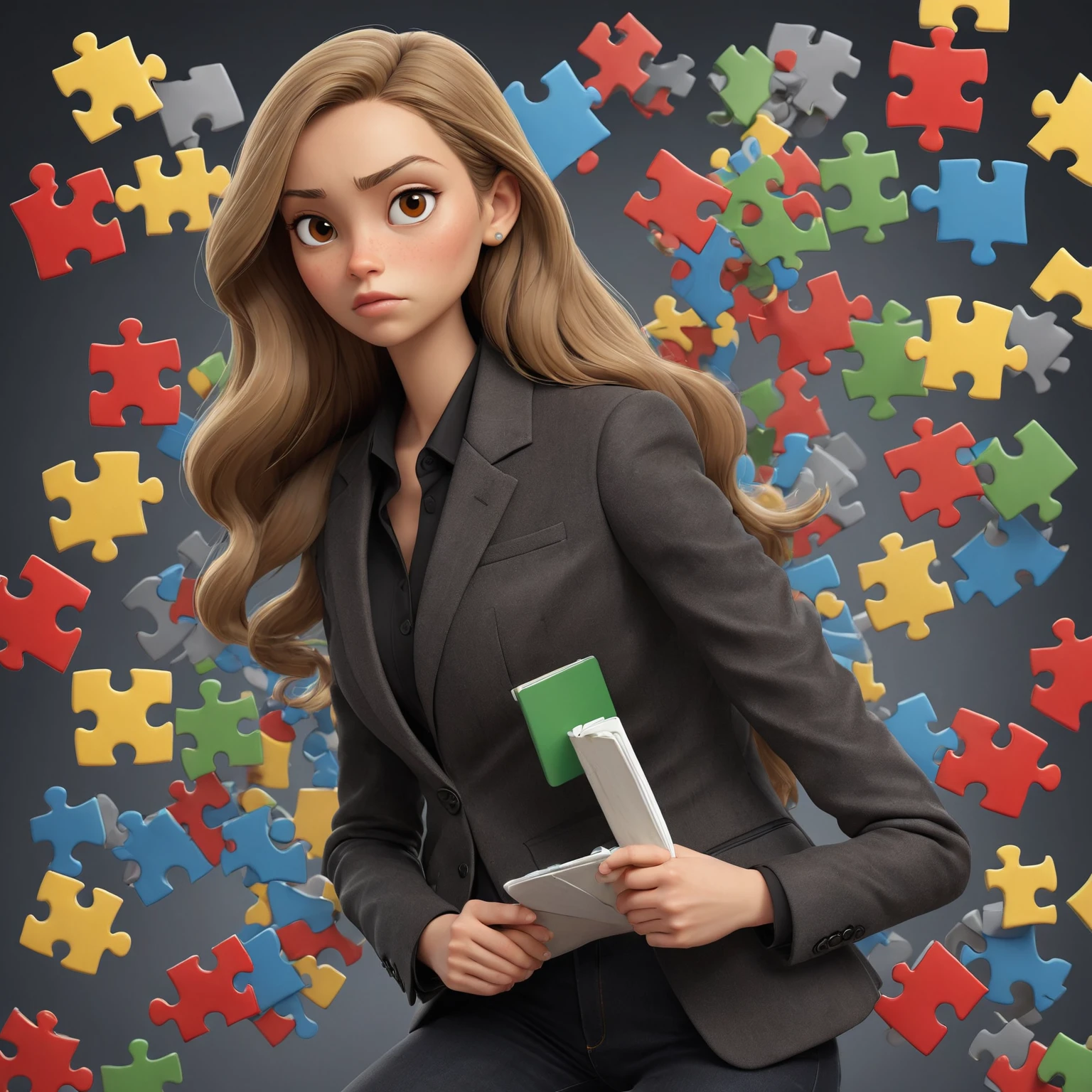 3D Pixar style poster. woman with light skin, super straight dark blonde hair, light brown eyes, black blazer, black jeans, gray shirt, white sneakers, notebook in hand, background with red, blue, green and yellow puzzles.