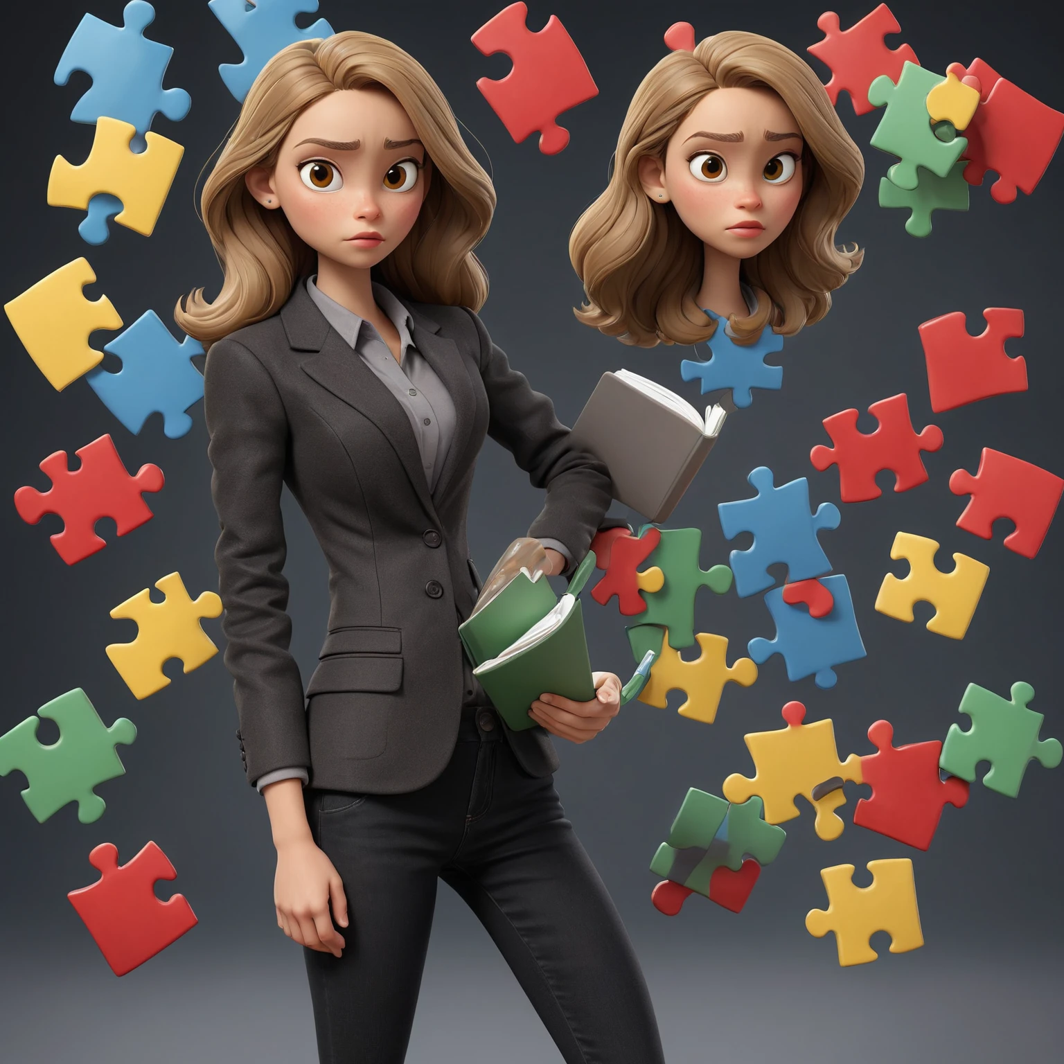 3D Pixar style poster. woman with light skin, super straight dark blonde hair, light brown eyes, black blazer, black jeans, gray shirt, white sneakers, notebook in hand, background with red, blue, green and yellow puzzles.