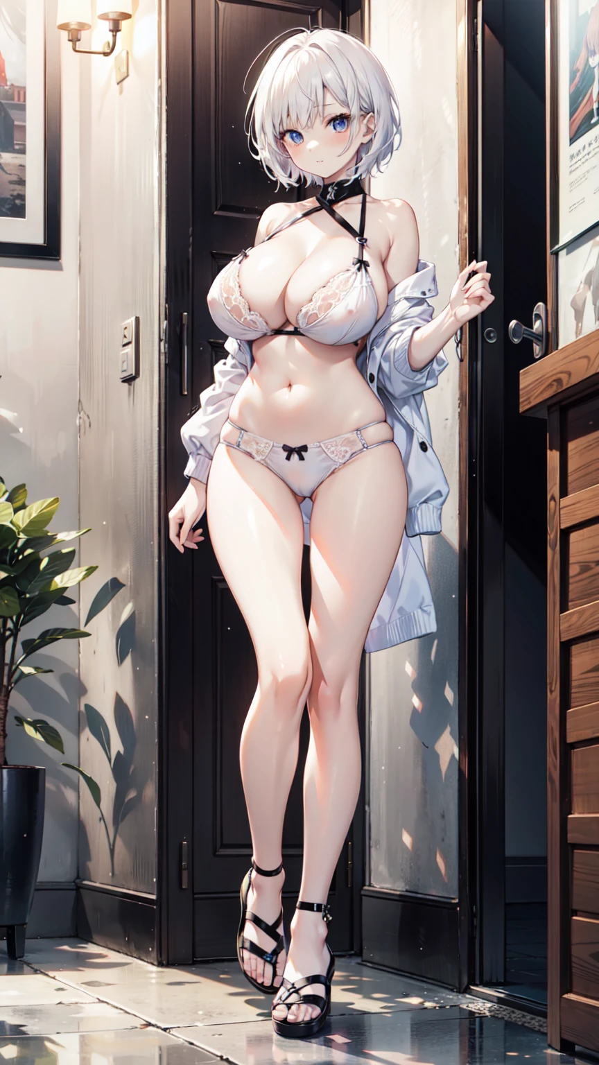 1 female,Attractive anime girl,whole body肖像,whole body,White lingerie,White short hair,Pale skin、Pale skin、Big boobs,较Big ,White sandals,
