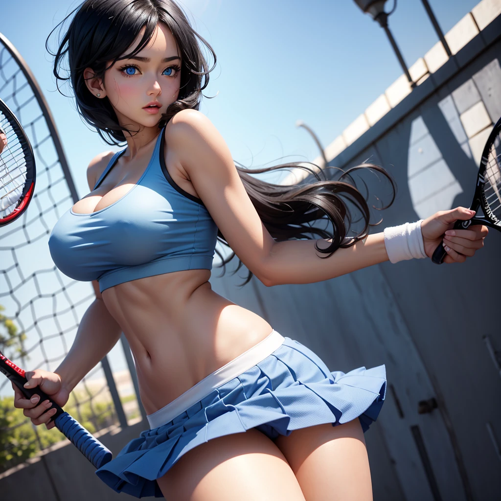 Large breasts, blue eyes, with big ass and mini tennis skirt , black hair