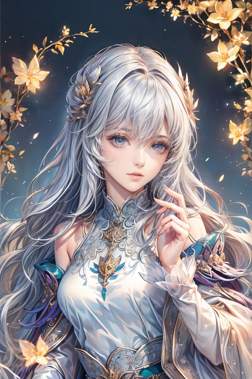 (Highest quality,8k,CG,Beautiful details upper body,lonely,Thumb Girl,Sheer palace dress,Floral Background,Complex facial features,Long flowing hair,Almond-shaped eyes,Exquisite eye makeup,Long, fluttering eyelashes,Big, bright eyes,Starry sky,Elegant lip detail,gentle style)