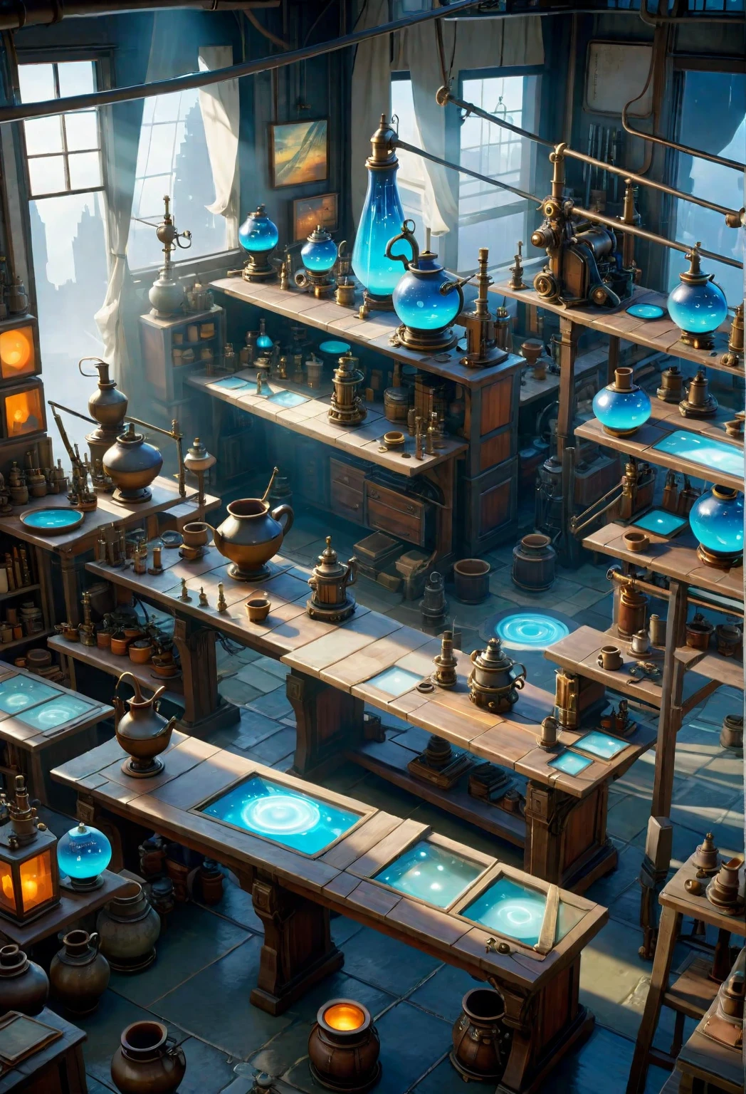 A large number of ceramics are on display in the room with many windows., From the Azur Lane video game, In a cluttered lab, In the steampunk laboratory, Studio Greeble Makoto Shinkai, fantasy alchemist laboratory, Inside the weapon shop, Alchemist&#39;s Library Background, Azur Lane Characters, Nier Automata concept art, Steampunk Factory Background