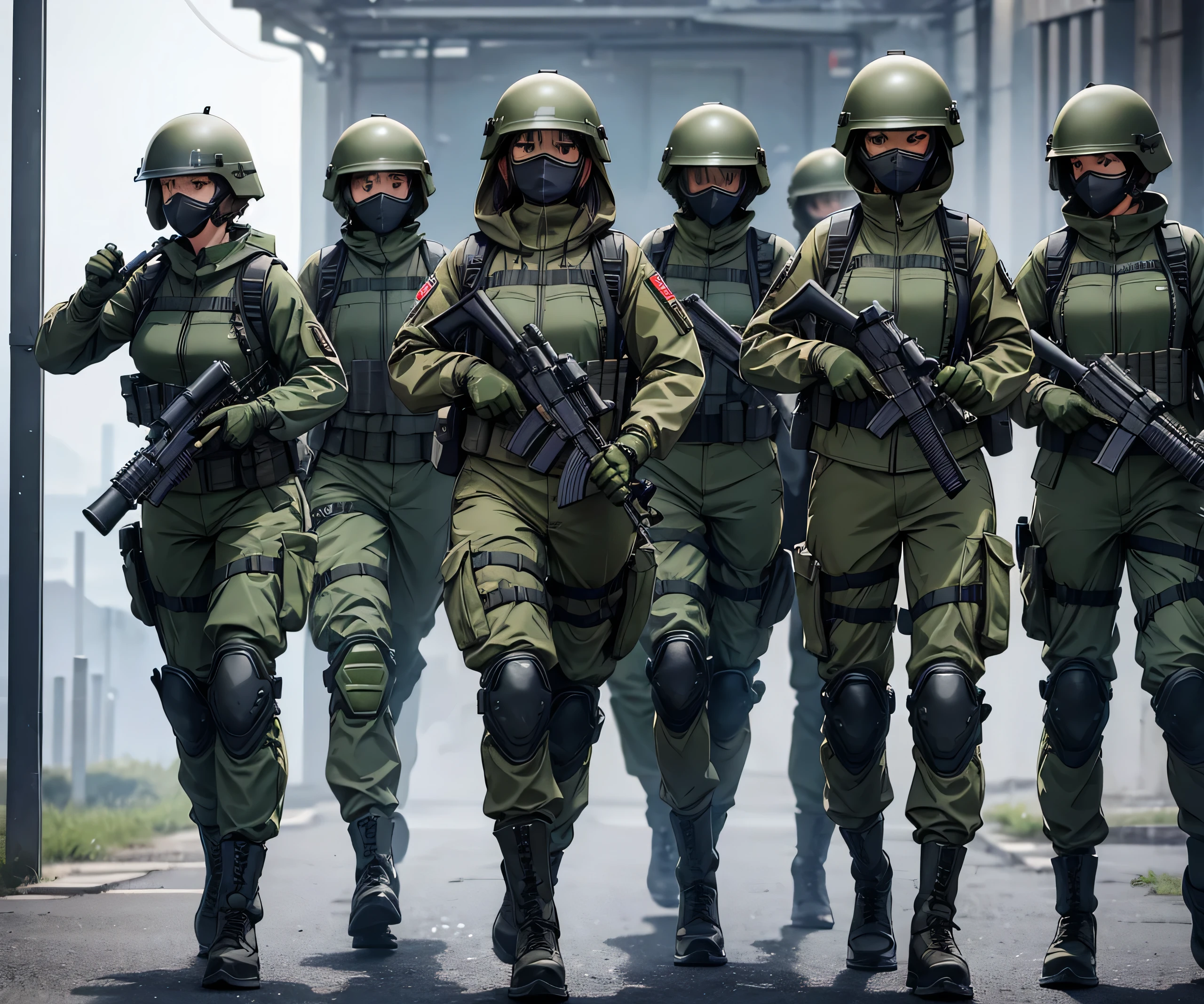 A group of female soldiers with guns shooting、Wearing dark green M-51 hooded military uniform、Wear a steel helmet、Tactical Vest、Gloves、Military Pants、Knee pads,Front view、Write details、masterpiece、best quality、Highly detailed CG、8K picture quality